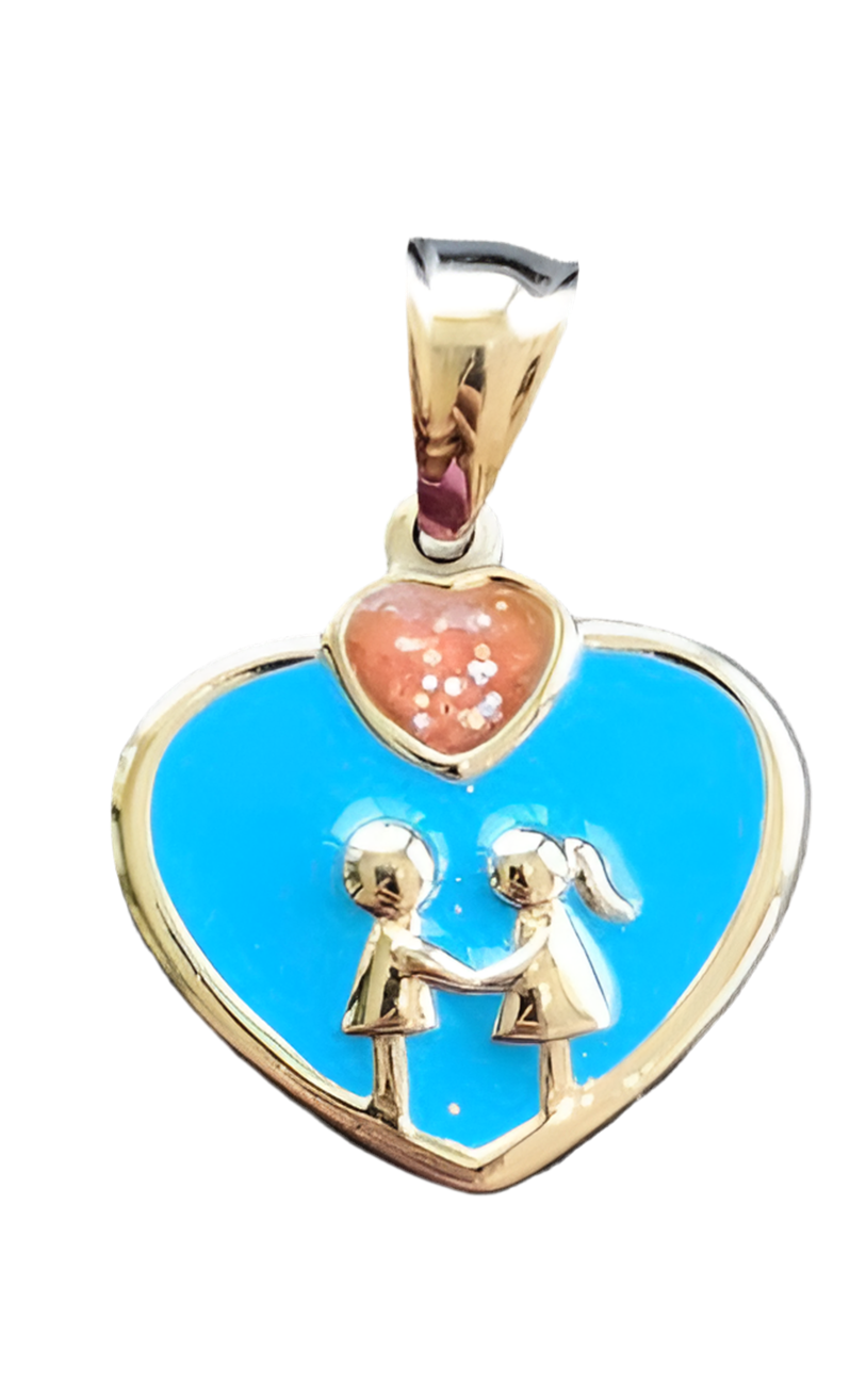 A heart-shaped pendant with a vibrant blue enamel